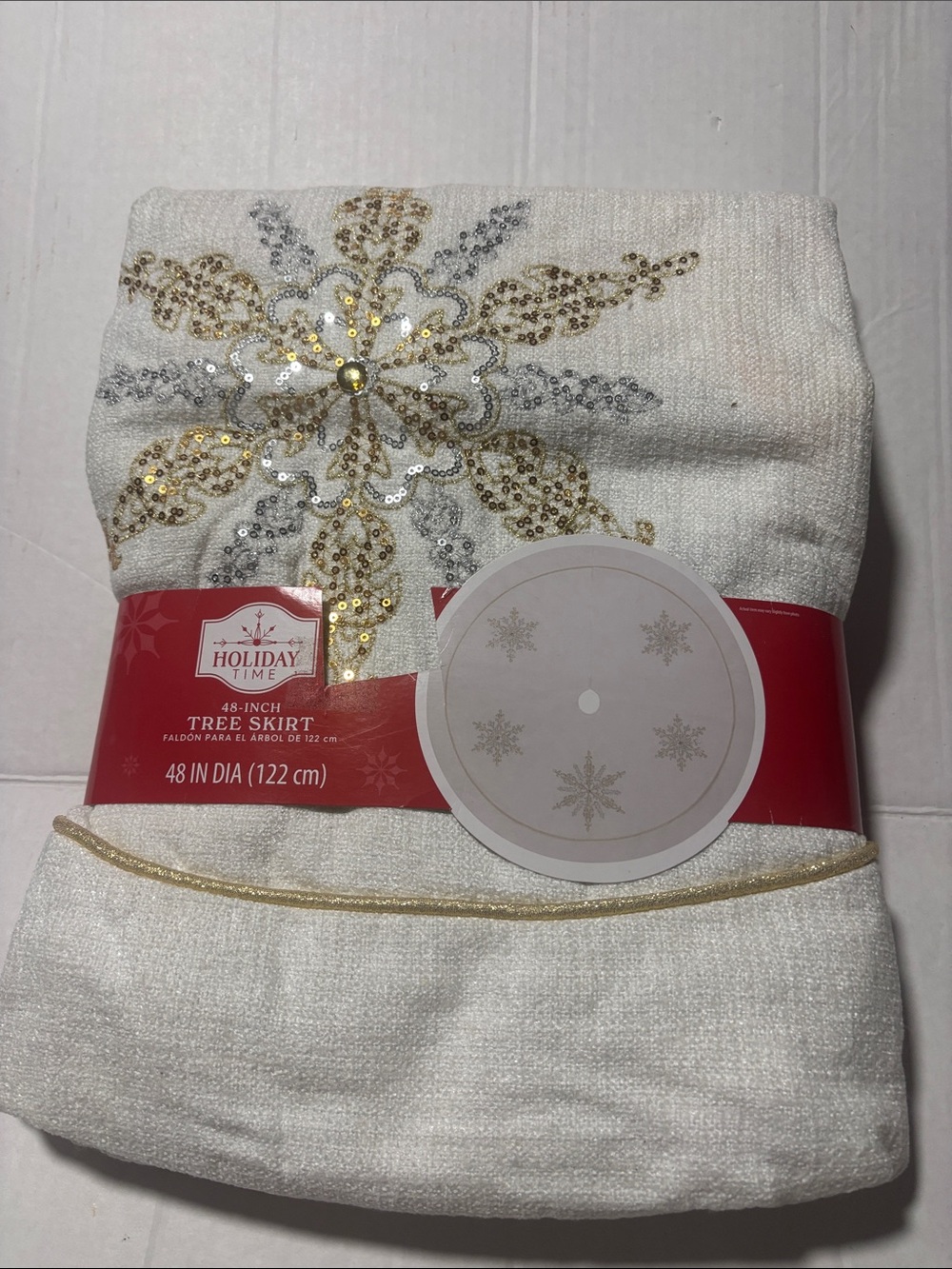 Holiday Time White Tree Skirt with Gold and Silver Sequin Snowflake